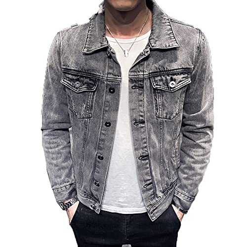 Jeansjacke Herren Einfarbig - Loose Trucker Vintage Cowboy Tops Mantel, Western Style Zerrissene Jean Outwear, Button Down Mit Taschen Waschen Für Den Herbst Plus Größe M -5Xl,Grau,Xl von FBYDLL