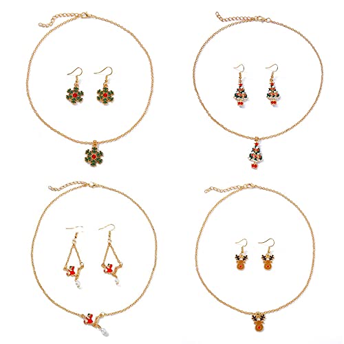 FDEETY 12 Teiliges Weihnachtsschmuck Set für Damen Cartoon Weihnachtsbaum, Weihnachtsmann Elch Schneeflocke klassisches Feiertags Halsketten Ohrring Schmuck Set für Mädchen Tochter Party Geschenke von FDEETY