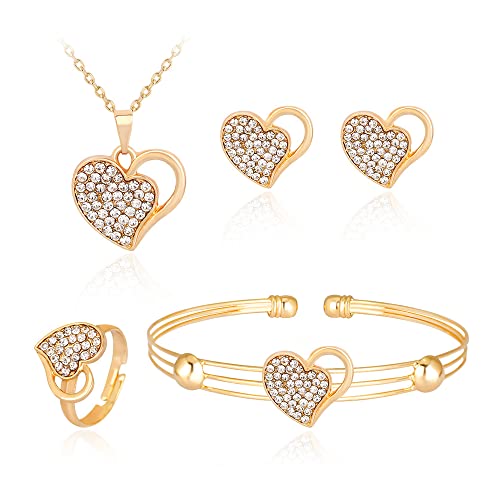 FDEETY 4 Teiliges Set Damen Herz Schmuckset mit Rundschliff Zirkonia Kristall Hals-Kette Ohrringe Ringe Armband Gold Schmuck Set Geschenk für Geburtstag von FDEETY