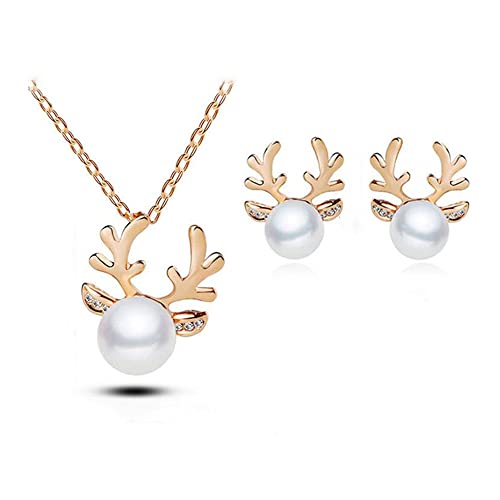 FDEETY Damen Schmuck Sets 925 Sterling Silber Weihnachten Tropfen Perlen Elch Halskette Ohrringe für Valentinstag Hochzeitsgeschenk, Gold von FDEETY