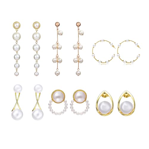 FDEETY 6 Paar Perlen Ohrringe Set für Damen Mädchen Boho Lange Perlenohrringe CC Perle Tropfen Ohrringe Vintage Perlen Ohrstecker Retro Hochzeit Ohrringe Schmuck von FDEETY