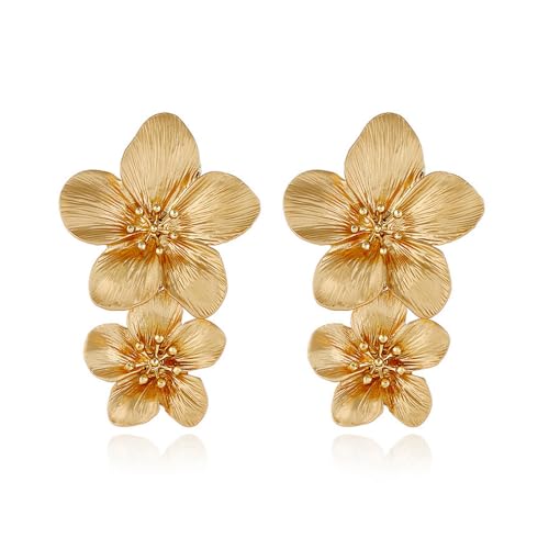 FDEETY Ohrringe Mode Doppelschichtige Blumen Tropfen Ohrringe Böhmische Blume Ohrringe Übertriebene Blumenohrringe Modeschmuck für Damen (Gold) von FDEETY