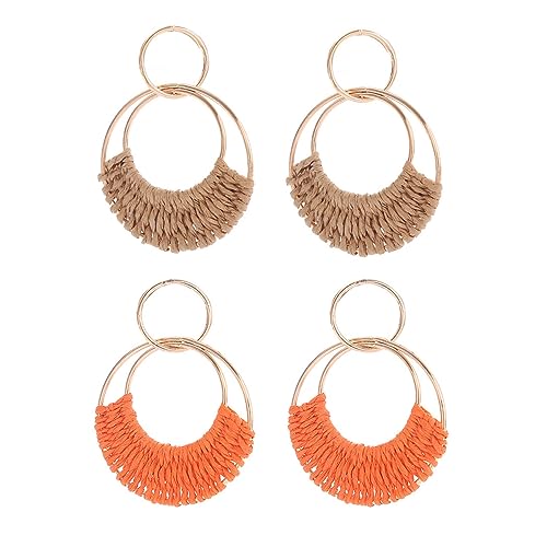 FDEETY Ohrringe für Damen Bohemian Raffia Hoop baumeln Ohrringe Hand gefertigte Stroh Wicker Rattan Ohrringe Runde Ohrringe (Khaki + Orange) von FDEETY