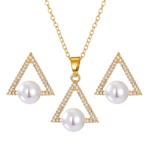 FDEETY Schmuckset Damen Perle Anhänger Halskette Ohrringe Set Mode Perlenschmuck Hochzeitsschmuck Geschenk für Braut Brautjungfern (Gold-3) von FDEETY