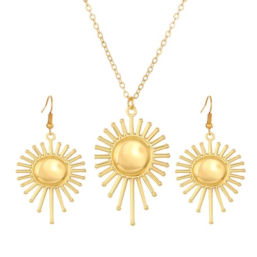 FDEETY Sonnen Schmuck Set Damen Anhänger Halsketten Ohrringe Set Modeaccessoires Geschenk Set Weihnachts Geschenke für Frauen (Gold-1) von FDEETY