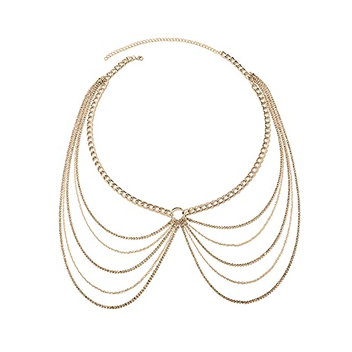 Punk Körperkette Metallisch Mehrschichtig Quaste Kristall Taillenkette Quaste Strass Ketten Bauch Kristall Kette Bikini Körperzubehör Schmuck für Frauen, Gold von FDEETY