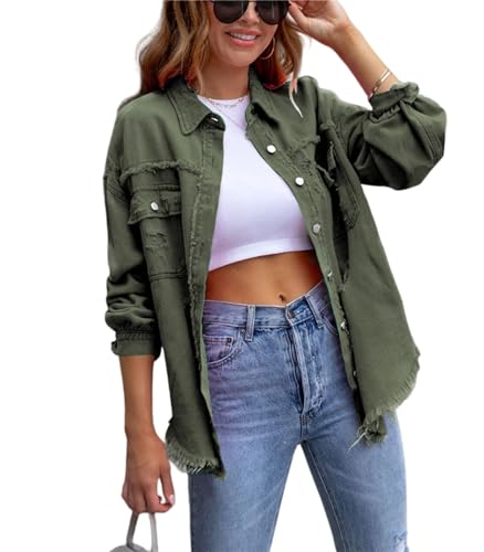 FEATEFACE Damen-Shacket mit Knopfleiste, ausgefranster Saum, lange Ärmel, Taschen, Denim-Jeansjacke mit Tasche, zerrissene Fransen, military green, M FEATEFACE Damen-Shacket mit Knopfleiste, ausgefranster Saum, lange Ärmel, Taschen, Denim-Jeansjacke mit Tasche, zerrissene Fransen, military green, M von FEATEFACE