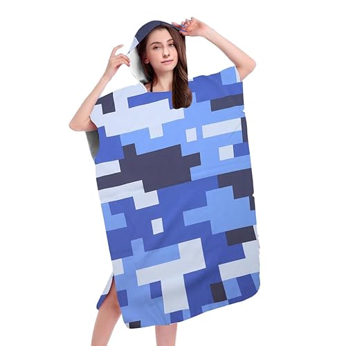 FEBE Badeponcho Bademantel Blau Camo Damen Herren 145x80 cm Badetuch mit Kapuze Surf Poncho Mikrofaser Kuschelig Schnelltrocken von FEBE