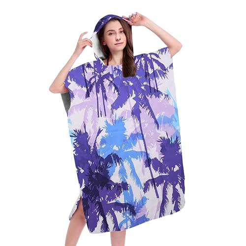 FEBE Badeponcho Bademantel Palmen Damen Herren 145x80 cm Badetuch mit Kapuze Surf Poncho Mikrofaser Kuschelig Schnelltrocken von FEBE