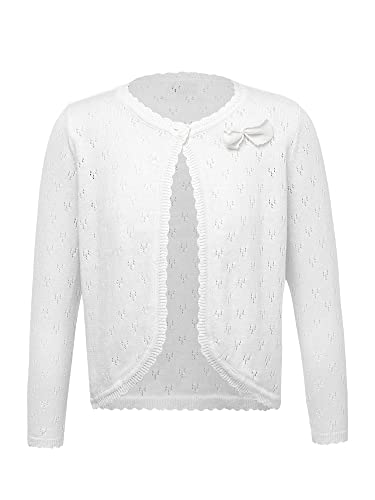 FEESHOW Baby Kinder Mädchen Bolero Jacke Langarm/Kurzarm Gestrickte Cardigan Kurz mit Perlen Knopf Festlich Hochzeit Top Gr.98-140 Bowknot&Weiß_L 74-80/9-12 Monate von FEESHOW