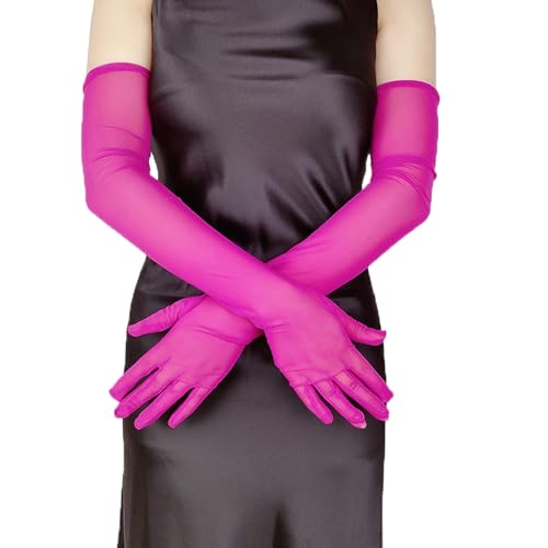 FEESHOW Damen Lange Handschuhe Ellenbogen Lang Elastisch Nylon Stulpenärmel für Hochzeit Abend Sommer Dunkelrosa Einheitsgröße von FEESHOW