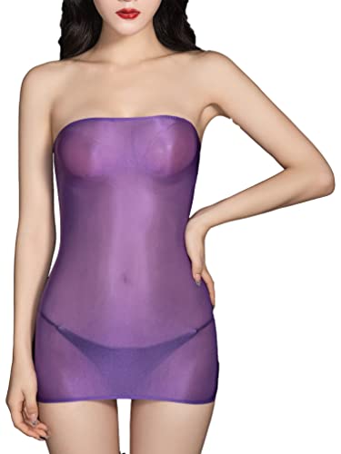 FEESHOW Damen Bandeau Kleid Eng Kurz Transparent Nylon Dessous Erotische Durchsichtige Unterrock Eng Versuchung Negligee Clubwear Violett_I Einheitsgröße von FEESHOW