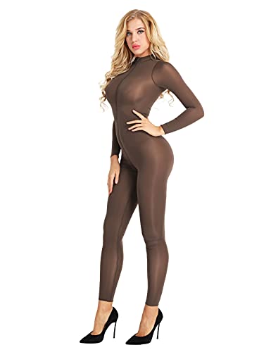 FEESHOW Damen Bodystockings Transparent Ganzkörper Strumpfhosen Sexy Ouvert Catsuit Bodysuit Dessous mit Schritt Reissverschluss Kaffee M von FEESHOW