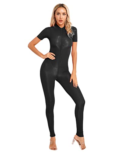 FEESHOW Damen Bodystockings Transparent Ganzkörper Strumpfhosen Sexy Ouvert Catsuit Bodysuit Dessous mit Schritt Reissverschluss Schwarz_F XL von FEESHOW