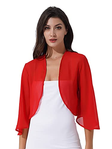 FEESHOW Damen Chiffon Bolero Strickjacke Kurz Elegant Festlich Casual Lange/Kurze Ärmel Cardigan Shrug Top Open Front F_Rot M von FEESHOW