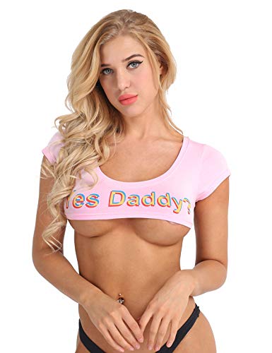 FEESHOW Damen Dessous Crop Top Sexy Tanktops T-Shirt Kurzes Shirt Nachtwäsche Oberteile Cosplay Sommer zum binden/Brief Drucken/Einfarbig Typ_C_Rosa Einheitsgröße von FEESHOW