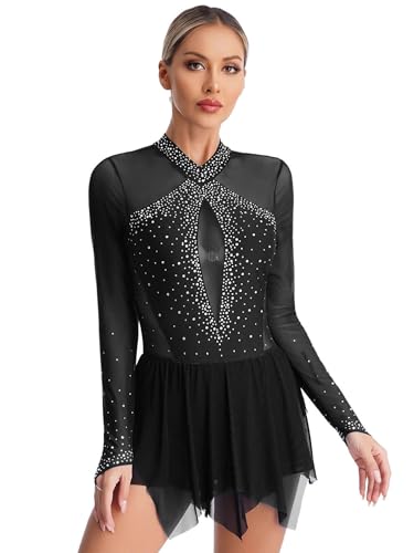 FEESHOW Damen Eiskunstlauf Kleid Langarm Rollschuhkleid Glitzer Mesh Tanztrikot Ballett Leotard mit Tanzrock Eislaufen Wettkämpfe Bekleidung Schwarz_R M von FEESHOW