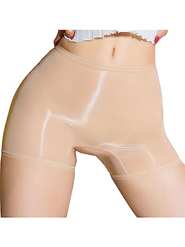 FEESHOW Damen Glänzend Transparent Boxer Shorts Briefs Unterwäsche Glatte Nylon Slip Unterhosen Hohe Taille Glossy Reizwäsche Atmungsaktiv A_Nude Einheitsgröße von FEESHOW