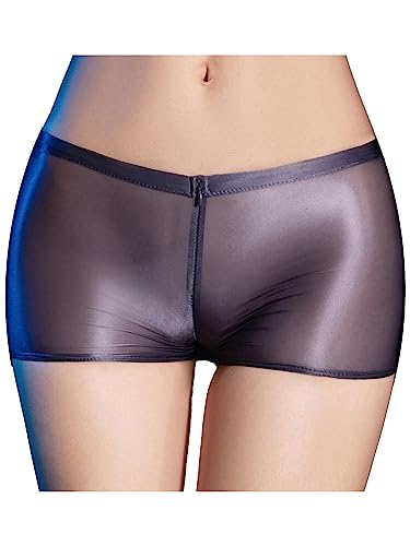 FEESHOW Damen Glänzend Transparent Boxer Shorts Briefs Unterwäsche Glatte Nylon Slip Unterhosen Hohe Taille Glossy Reizwäsche Atmungsaktiv C_Dunkelgrau Einheitsgröße von FEESHOW