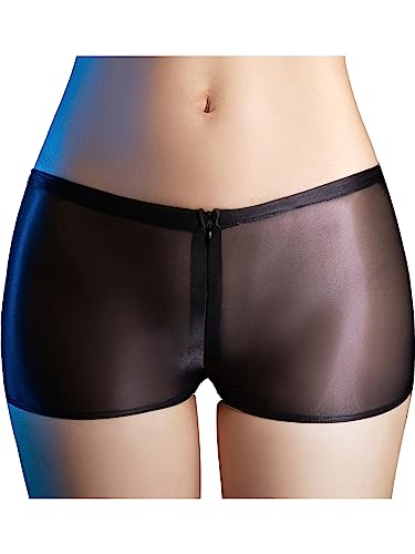 FEESHOW Damen Glänzend Transparent Boxer Shorts Briefs Unterwäsche Glatte Nylon Slip Unterhosen Hohe Taille Glossy Reizwäsche Atmungsaktiv C_Schwarz Einheitsgröße von FEESHOW