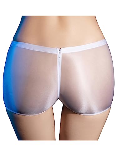 FEESHOW Damen Glänzend Transparent Boxer Shorts Briefs Unterwäsche Glatte Nylon Slip Unterhosen Hohe Taille Glossy Reizwäsche Atmungsaktiv C_Weiß Einheitsgröße von FEESHOW