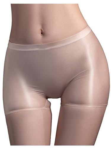 FEESHOW Damen Glänzend Transparent Boxer Shorts Briefs Unterwäsche Glatte Nylon Slip Unterhosen Hohe Taille Glossy Reizwäsche Atmungsaktiv E_Nude Einheitsgröße von FEESHOW