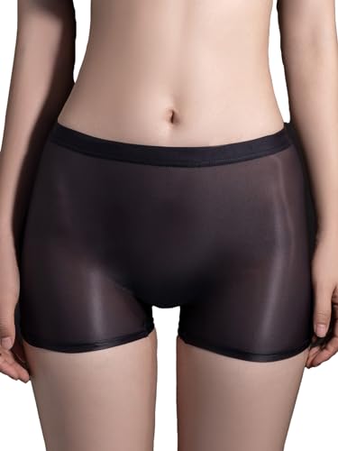 FEESHOW Damen Glänzend Transparent Boxer Shorts Briefs Unterwäsche Glatte Nylon Slip Unterhosen Hohe Taille Glossy Reizwäsche Atmungsaktiv E_Schwarz Einheitsgröße von FEESHOW