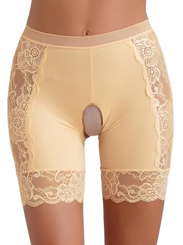 FEESHOW Damen Glänzend Transparent Boxer Shorts Briefs Unterwäsche Glatte Nylon Slip Unterhosen Hohe Taille Glossy Reizwäsche Atmungsaktiv F_Nude XXL von FEESHOW