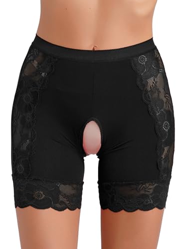 FEESHOW Damen Glänzend Transparent Boxer Shorts Briefs Unterwäsche Glatte Nylon Slip Unterhosen Hohe Taille Glossy Reizwäsche Atmungsaktiv F_Schwarz XL von FEESHOW