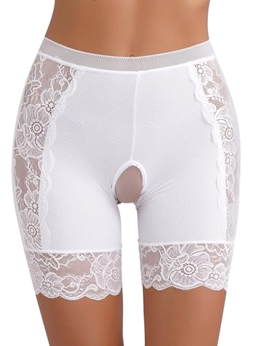 FEESHOW Damen Glänzend Transparent Boxer Shorts Briefs Unterwäsche Glatte Nylon Slip Unterhosen Hohe Taille Glossy Reizwäsche Atmungsaktiv F_Weiß L von FEESHOW