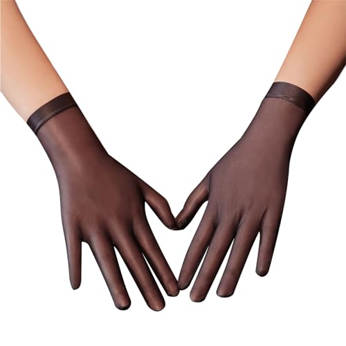 FEESHOW Damen Glanz Nylon Handschuhe Kurz Ultradünn Seide-Optik Durchsichtige Handschuhe Abend Party Opern Cocktail Ball Kostüm Accessoires Schwarz_B Einheitsgröße von FEESHOW