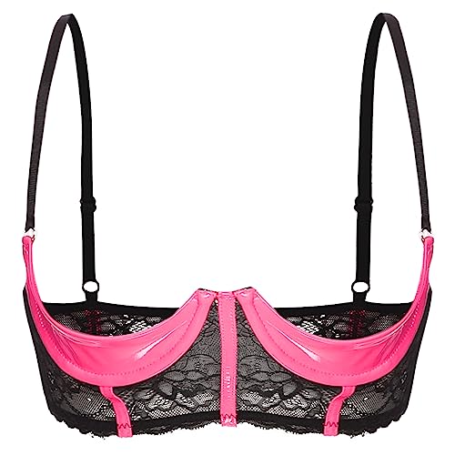 FEESHOW Damen Hebe BH Brust Offen Transparente Spitze/Leder Bra Mit Bügel Verführerische Dessous Reizwäsche Oberteile A_Rosa 4XL von FEESHOW