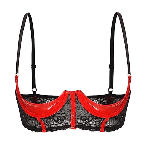 FEESHOW Damen Hebe BH Brust Offen Transparente Spitze/Leder Bra Mit Bügel Verführerische Dessous Reizwäsche Oberteile A_Rot XXL von FEESHOW