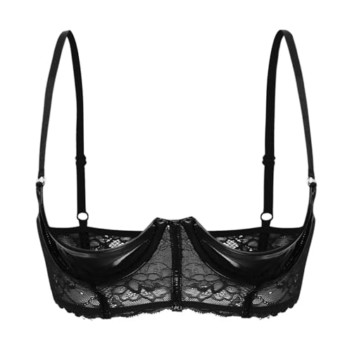 FEESHOW Damen Hebe BH Brust Offen Transparente Spitze/Leder Bra Mit Bügel Verführerische Dessous Reizwäsche Oberteile A_Schwarz XXL von FEESHOW