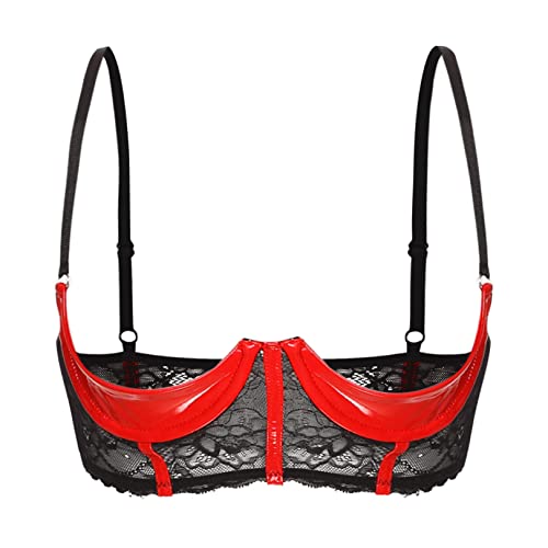 FEESHOW Damen Hebe BH Brust Offen Transparente Spitze/Leder Bra Mit Bügel Verführerische Dessous Reizwäsche Oberteile A_Rot M von FEESHOW