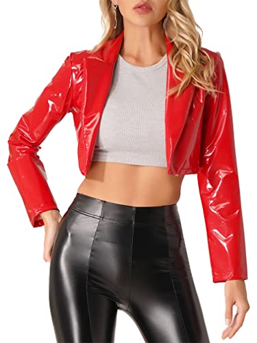 FEESHOW Damen Lederjacke Kurz Sexy Lackleder Motorrad Bikerjacke Reverskragen Blazer Anzugjacke Lederimitat Jacke Lackoptik Mantel A_Rot M von FEESHOW