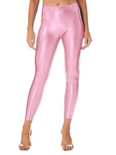 FEESHOW Damen Metallic Leggings Glänzende Kunstleder Hose Pants Shiny Hoher Taill für Party Tanz Disco Kostüm Fasching Karneval Rosa One Size von FEESHOW