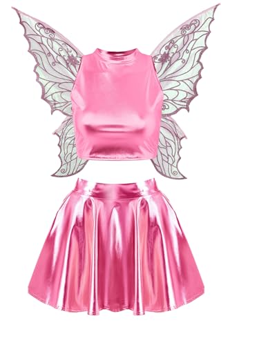 FEESHOW Damen Metallic Outfit Glitzer Crop Tank Top Holografisch Faltenrock Schmetterling Kostüm Flügel Set Karneval Party Clubwear Rosa S FEESHOW Damen Metallic Outfit Glitzer Crop Tank Top Holografisch Faltenrock Schmetterling Kostüm Flügel Set Karneval Party Clubwear Rosa S von FEESHOW