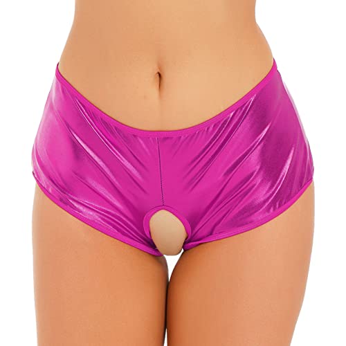 FEESHOW Damen Ouvert Slip Briefs Offener Schritt Panty Leder Latex Optik Shorts Hotpants Dessous Unterwäsche Rose XXL von FEESHOW