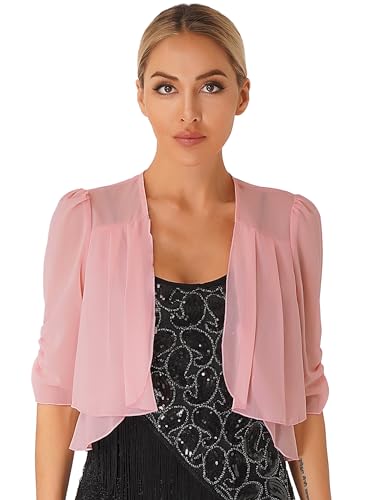 FEESHOW Damen Spitzen Bolero Schulterjacke Bolerojacke Festlich Kurzarm Jäckchen Oberteil Elegant für Hochzeit Abendkleid Brautkleid Rosa_M L von FEESHOW