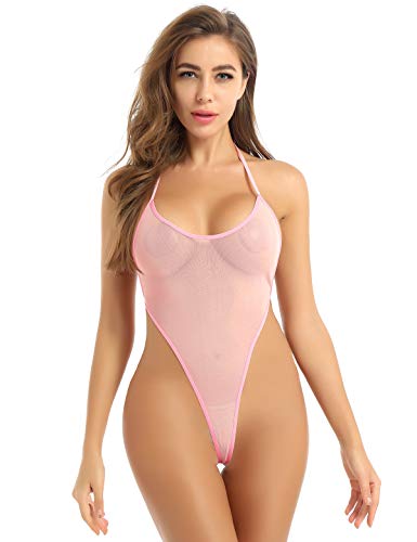 FEESHOW Damen Transparent Dessous Body Rückenfrei Tanga Stringbody Neckholder Bikini Bademode High Cut Reizvolle Nachtwäsche Rosa Einheitsgröße von FEESHOW