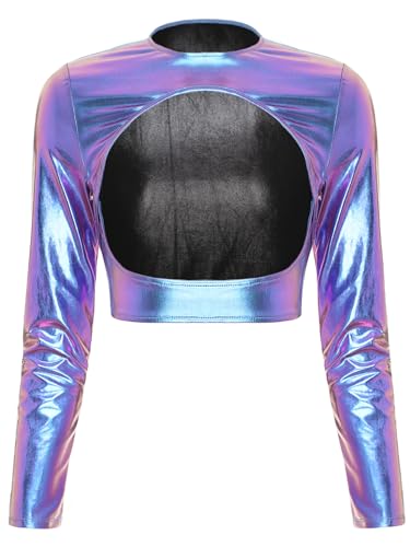 FEESHOW Damen Wetlook Crop Tops Metallic Shirt Bauchfrei Lackoptik Glitzer Kurzjacke GoGo Tanz Clubwear Oberteile Blau&Lila_G S von FEESHOW