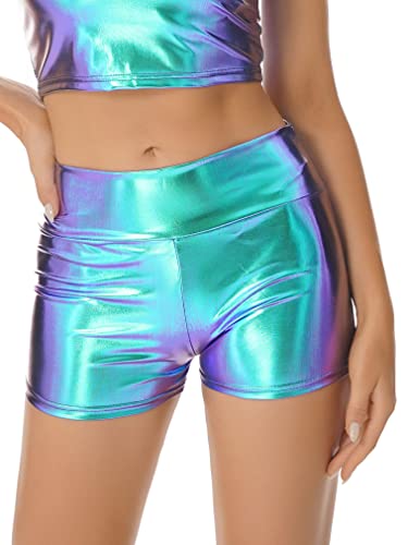 FEESHOW Damen Wetlook Shorts High Waist Glänzend Metallic Hotpants Mini Booty Shorts Sport Tanz Nachtclub Gogo Rave Outfit Blau&Lila_B M von FEESHOW