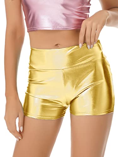 FEESHOW Damen Wetlook Shorts High Waist Glänzend Metallic Hotpants Mini Booty Shorts Sport Tanz Nachtclub Gogo Rave Outfit Gold_B L von FEESHOW