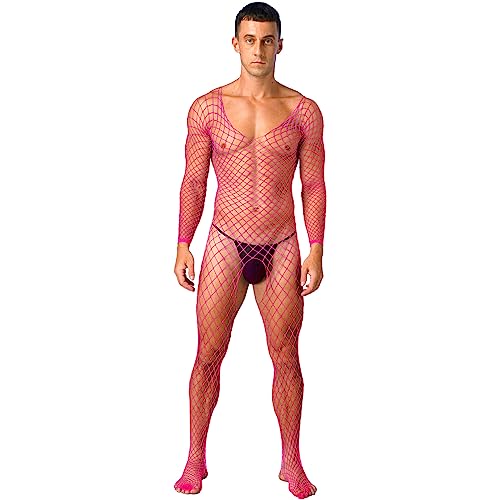 FEESHOW Herren Bodystocking Sexy Ouvert Transparent Netz Overall Ganzkörperanzug Netzstrumpfhose Erotische Unterwäsche K_Hotpink Einheitsgröße von FEESHOW