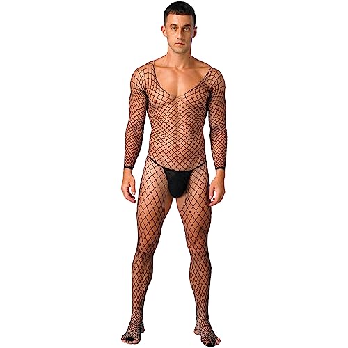 FEESHOW Herren Bodystocking Sexy Ouvert Transparent Netz Overall Ganzkörperanzug Netzstrumpfhose Erotische Unterwäsche K_Schwarz Einheitsgröße von FEESHOW