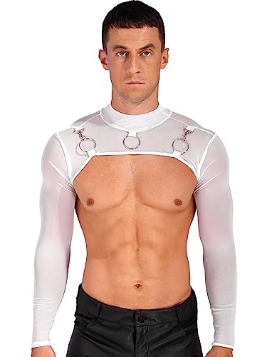 FEESHOW Herren Damen Netz Shirt Sexy Transparent Crop Top kurz Langarmshirt Unterhemd Muselshirt Reizwäsche Sport Nachtclub Oufit Weiß_B M von FEESHOW