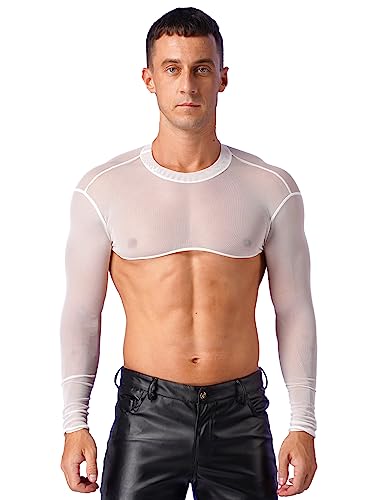 FEESHOW Herren Damen Netz Shirt Sexy Transparent Crop Top kurz Langarmshirt Unterhemd Muselshirt Reizwäsche Sport Nachtclub Oufit Weiß_F M von FEESHOW