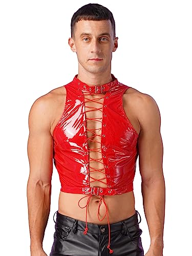 FEESHOW Herren Männer Lack Leder Top Shirt Glänzende Crop Tank Top Bauchfrei Party Gogo Clubwear Bühnenkostüm Muskelhemd A_Rot XXL von FEESHOW