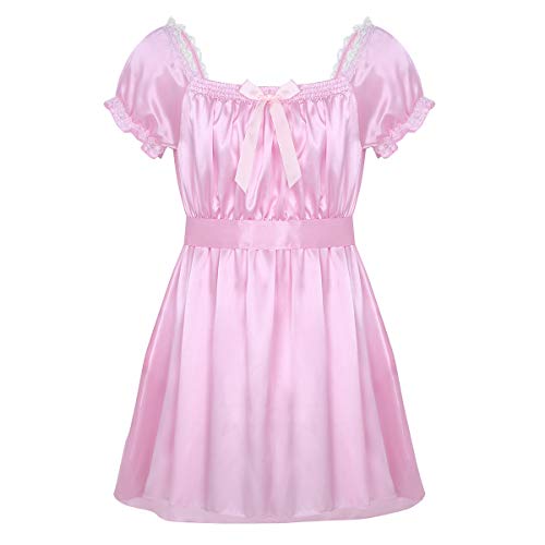 FEESHOW Herren Nachtkleid Satin Rüschen Spitze Girly Kostüm Sissy Dessous Lingerie Kurzarm Kleid Pyjamas Nachtwäsche Rosa M von FEESHOW